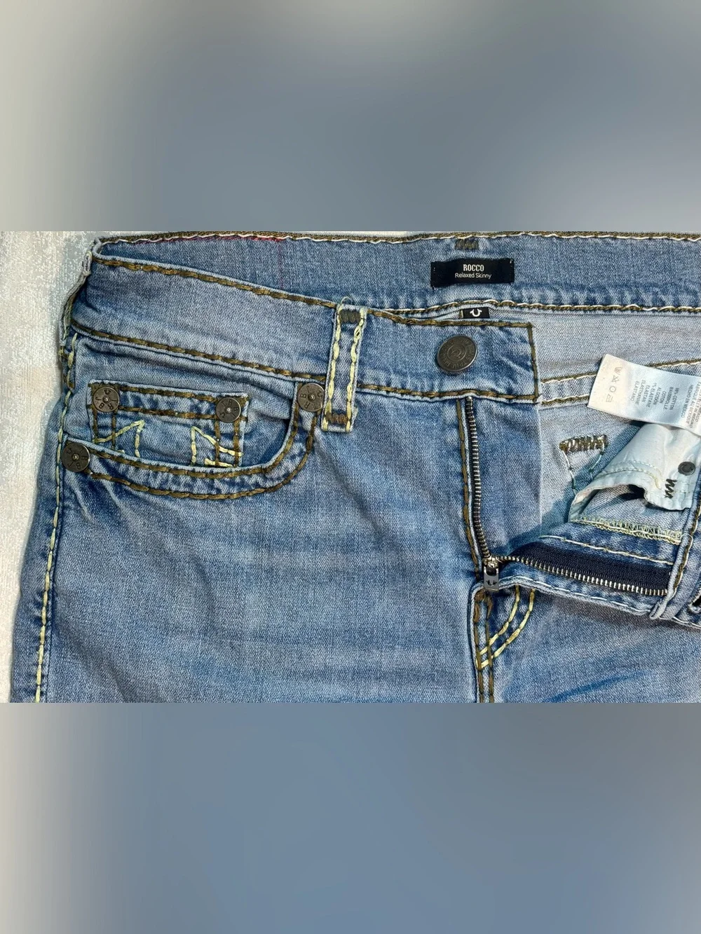 True Religion Rocco Relaxed Skinny Jeans Contrast Stitch Blue Denim Size 34